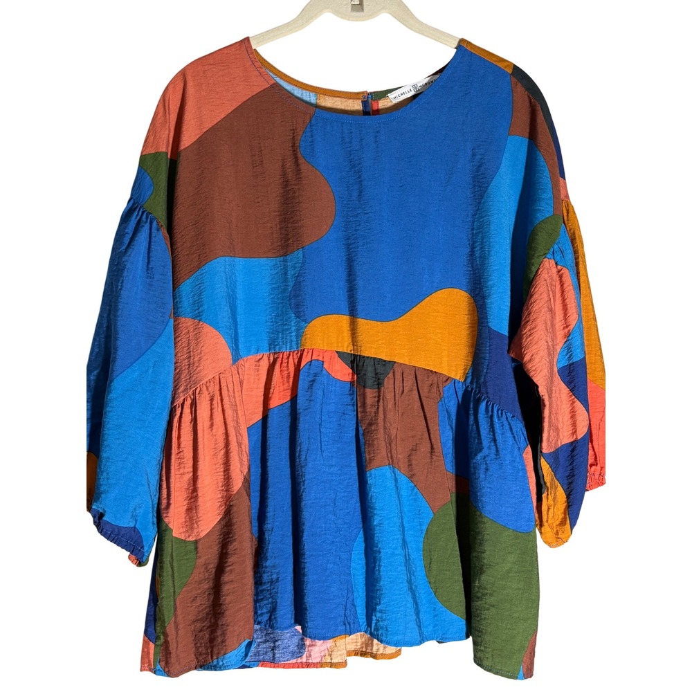 Michelle Mcdowell sz LG abstract print colorful babydoll top blouse